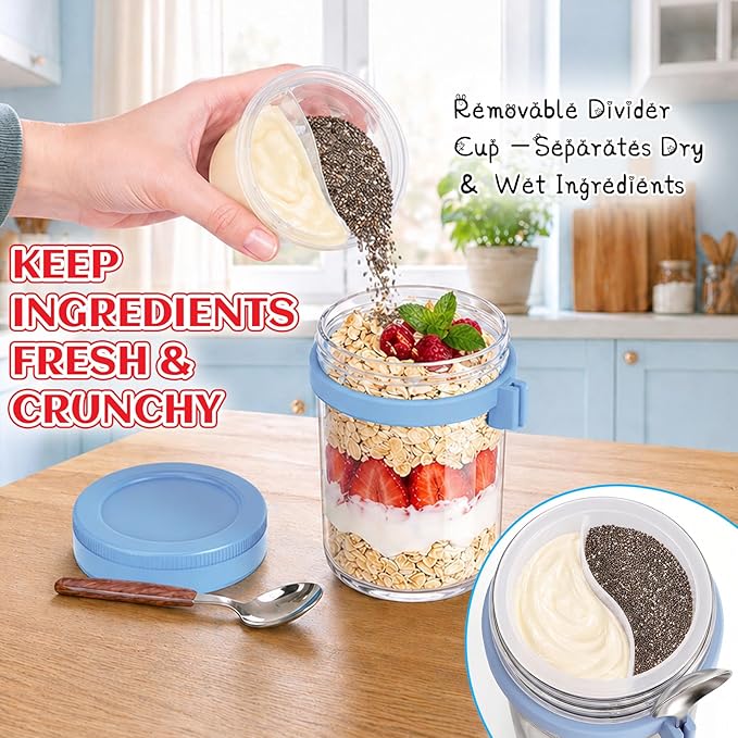 4 Pack Overnight Oats Containers with Lids and Spoons, 16 oz Glass Mason Jars with Removable Topping Cups, Airtight Yogurt Containers for Parfait, Chia Pudding, Fruit, Cereal, Salad Meal Prep