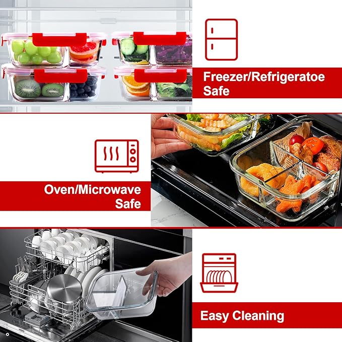 VERONES 5 Pack Glass Meal Prep Containers 3 Compartment Set, 36OZ Airtight Glass Lunch Containers, Glass Food Storage Containers with Lids, for Microwave, Oven, Freezer & Dishwasher Friendly,Red