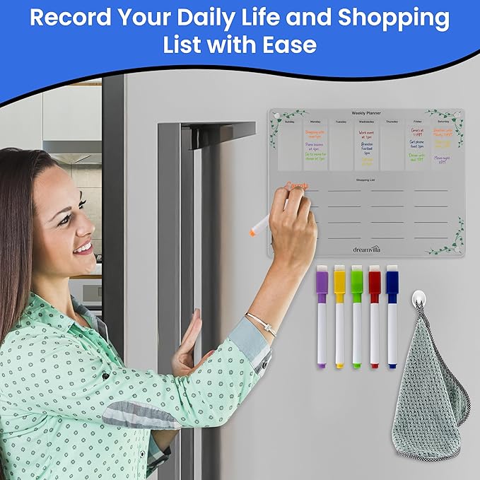 Acrylic Weekly Planner Magnetic Dry Erase Board for Fridge – Clear Refrigerator Calendar with Markers, Magnetic To-Do List & Schedule Organizer