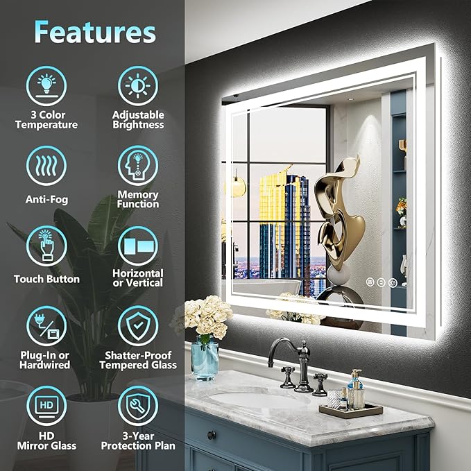 44x32 LED Bathroom Mirror with Lights, Backlit and Front Lit Anti-Fog Lighted - Image 2