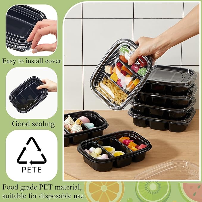 Chunful 36 Pcs 3 Compartment Black Snack Containers with Lids Disposable Bento Box Plastic Food Meal Prep Containers for Condiment Salad Dipping School Work Lunch