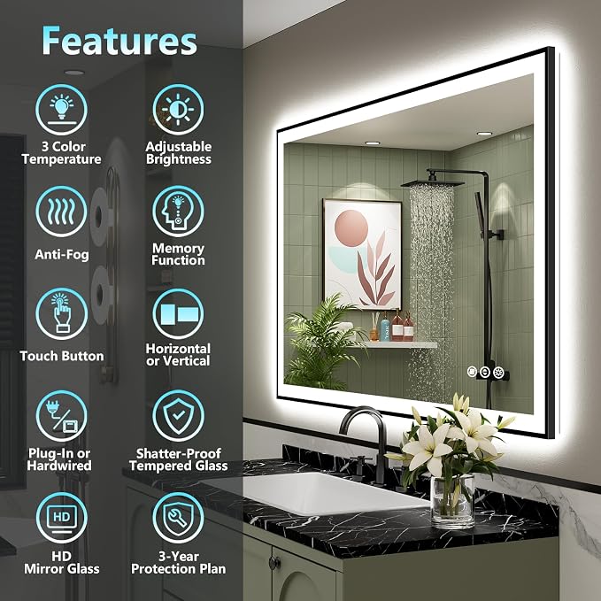 48x38 Black Framed LED Bathroom Mirror - Image 2