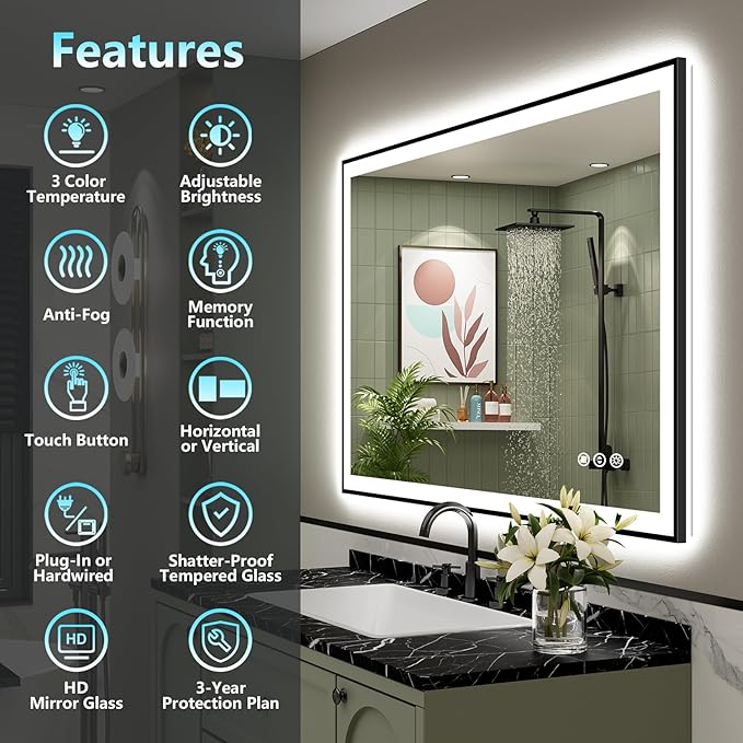 40x30 Black Framed LED Bathroom Mirror - Image 2
