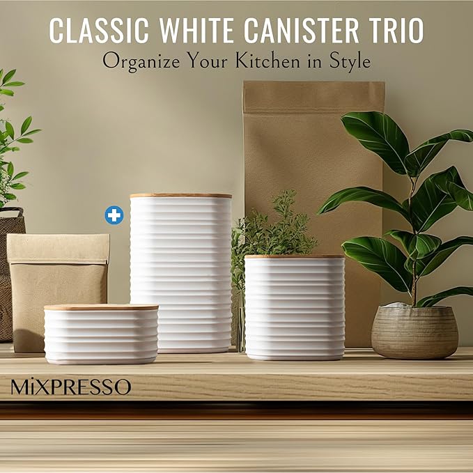 Mixpresso White Canisters Sets for the Kitchen – 3-Piece Airtight Plastic Sugar Container Set with Bamboo Lids in Three Different Sizes – Decorative Modern Storage Jars for Coffee, Tea & Countertops