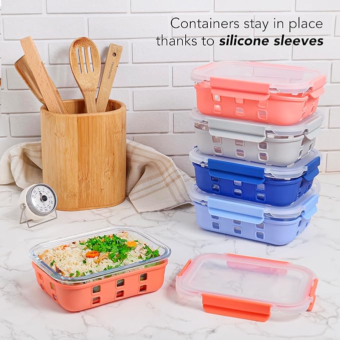 ECOBERI 4.5 Cup Glass Meal Prep Containers with Lids & Silicone Sleeves, 5-Pack Airtight, Leak-Resistant Food Storage Containers for Fridge, Freezer, Oven & Microwave (Blue-Peach)