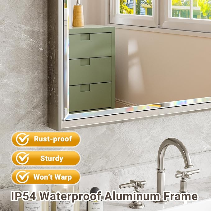 48'' x 36'' Brushed Nickel Framed Beveled Bathroom Mirror, Shatterproof - Image 7