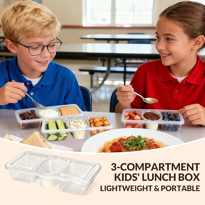 HI-REEKE 8 OZ New 3 Compartment Snack Containers, 20 Sets Bigger Reusable Clear Snack Packs Container with Lids