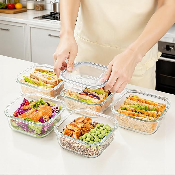 Vtopmart 5Pack 27oz Glass Storage Containers with Lids, Glass Meal Prep Food Container Sets, Sandwich Containers with Snap Airtight Lids for Microwave, Oven, Freezer and Dishwasher, Grey