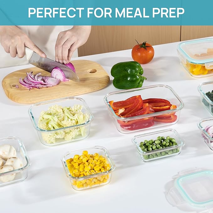 Vtopmart 8 Pack Glass Food Storage Containers with Airtight Lids, Glass Meal Prep Containers, Lunch Containers for Microwave, Oven, Freezer and Dishwasher, BPA Free