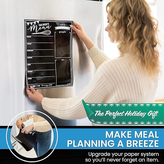 Cinch! 16x12-Inch Chalkboard Weekly Menu - Magnetic Meal Planner Board for Refrigerator - Reusable Black Menu Board with 3 Neon Liquid Chalk Markers - Weekly Food Planner for Kitchen Organization