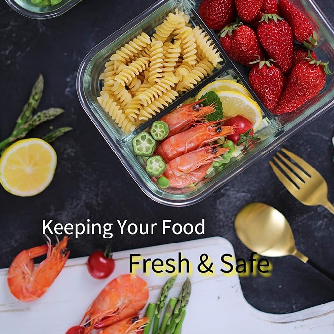 Bayco 8 Pack Glass Meal Prep Containers 3 Compartment, Glass Food Storage Containers with Lids, Airtight Lunch Bento Boxes, Leak Proof (8 lids & 8 Container) - Grey