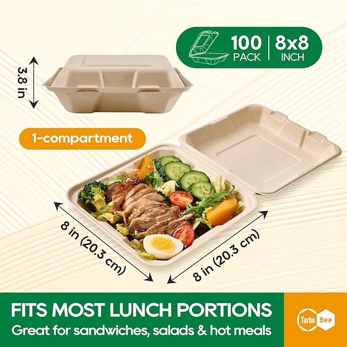 Turbo Bee 100 Pack 8x8inch Natural Take Out Containers with Lids, Large Disposable Clamshell Food Containers for Full Meals, Food Truck, BBQ, Catering & Meal Prep Natural