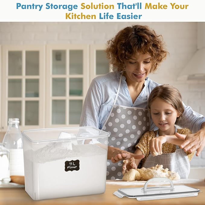 Shazo 2 PC (11L | 372 oz) Flour Sugar Storage Containers with Easy Carry Handle - Plastic Extra Large Food Storage Containers with Lids for Rice Cereal, BPA Free & Airtight Kitchen Pantry Organization