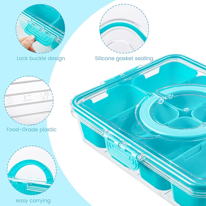 Dingerjar Divided Serving Tray with Lid and Handle - Snackle Box Charcuterie Container for Portable Snack Platters Organizer for Candy, Fruits, Nuts, Snacks - Perfect for Party, Entertaining, Yellow