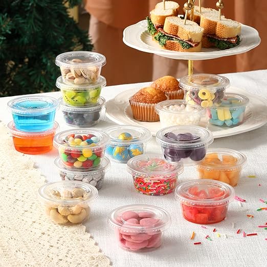 VITEVER [240 Sets - 3.25 oz ] Portion Cups With Lids, Small Plastic Containers with Lids, Airtight and Stackable Souffle Cups, Jello Shot Cups, Sauce Cups, Condiment Cups for Lunch, Party, Trips