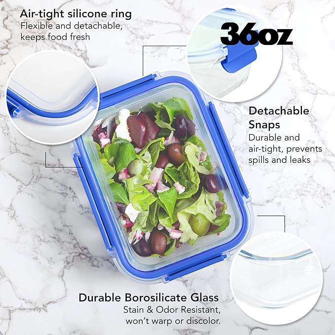 ECOBERI 4.5 Cup Glass Meal Prep Containers with Lids & Silicone Sleeves, 5-Pack Airtight, Leak-Resistant Food Storage Containers for Fridge, Freezer, Oven & Microwave (Blue-Peach)