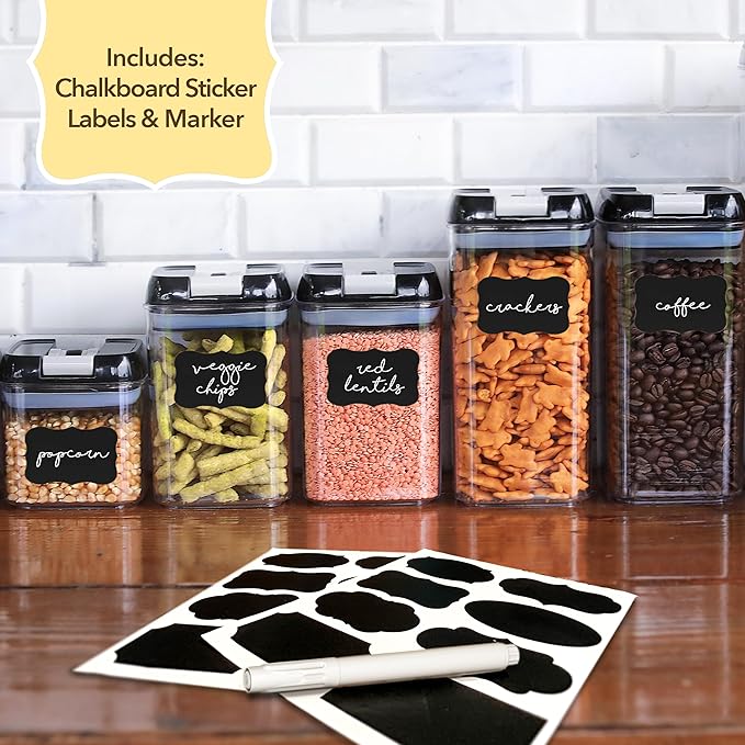 Simply Gourmet Airtight Food Storage Containers with Lids – 6 Piece Slim Kitchen Pantry Organization Set, 5 Cup Capacity, BPA-Free Clear Plastic, Stackable Containers for Flour, Sugar, Rice, Snacks