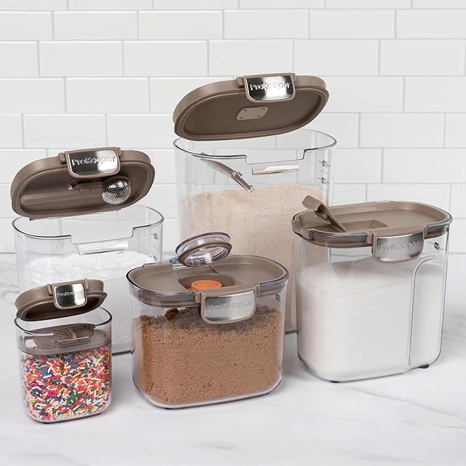 ProKeeper+ Airtight Food Storage Container Set – Clear Plastic Flour and Sugar Canister Set with Magnetic Accessories for Kitchen Organization (Taupe, 9-Piece)