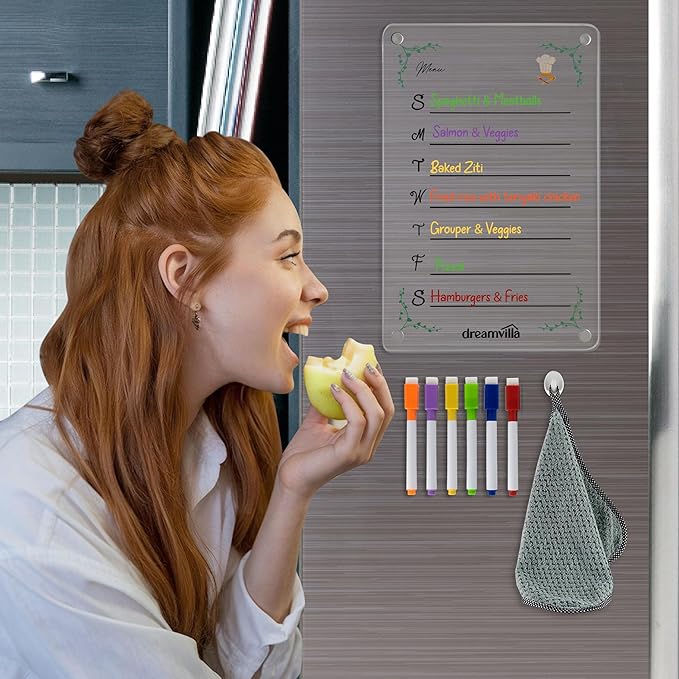 Acrylic Magnetic Menu Planner for Refrigerator – Dry Erase Board for Fridge with Markers, Clear Weekly Meal Planning Board, Kitchen Organizer for Grocery & Shopping List