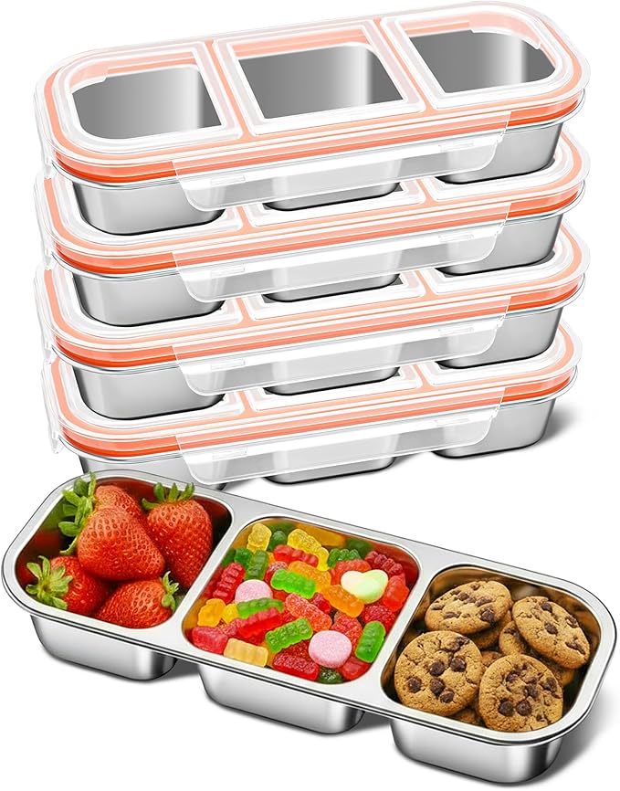QCQHDU Snack Containers, Reusable Stainless Steel 3 Compartment Condiment Metal Bento Lunch Box with Lids, Divided Snack Food Storage Lunchable Containers for Home, Work, Travel, Camping, 5 Pack