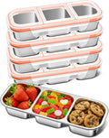QCQHDU Snack Containers, Reusable Stainless Steel 3 Compartment Condiment Metal Bento Lunch Box with Lids, Divided Snack Food Storage Lunchable Containers for Home, Work, Travel, Camping, 5 Pack