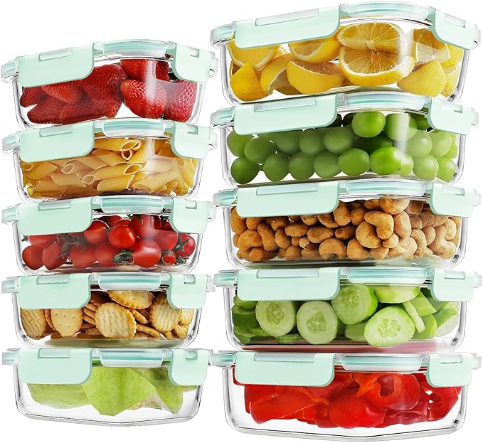 10 Pack Borosilicate Glass Meal Prep Containers with Locking Lids, Glass Food Storage Containers Set, Airtight Lunch Bento Boxes, BPA-Free & Leak Proof, 36oz & 14oz, Freezer, Oven Safe-Blue