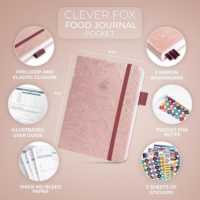 Clever Fox Food Journal Pocket - Daily Food Diary, Meal Planner to Track Calories & Nutrients, Weight Loss Tracker Notebook, 4x5.5” (Rose Gold)