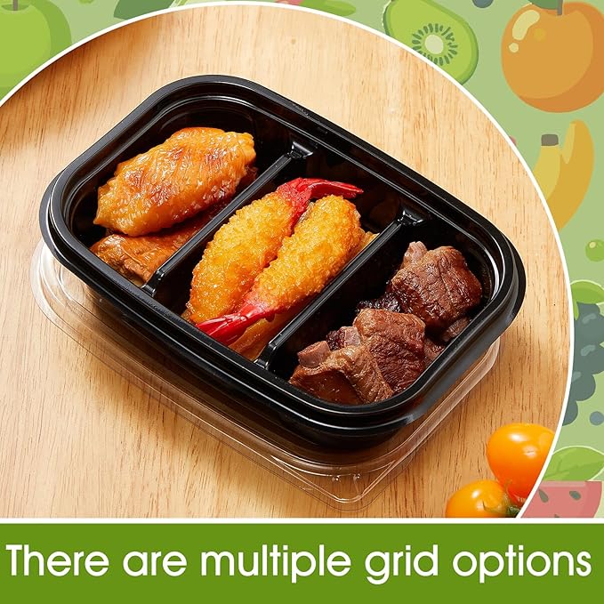 Chunful 36 Pcs 3 Compartment Black Snack Containers with Lids Disposable Bento Box Plastic Food Meal Prep Containers for Condiment Salad Dipping School Work Lunch