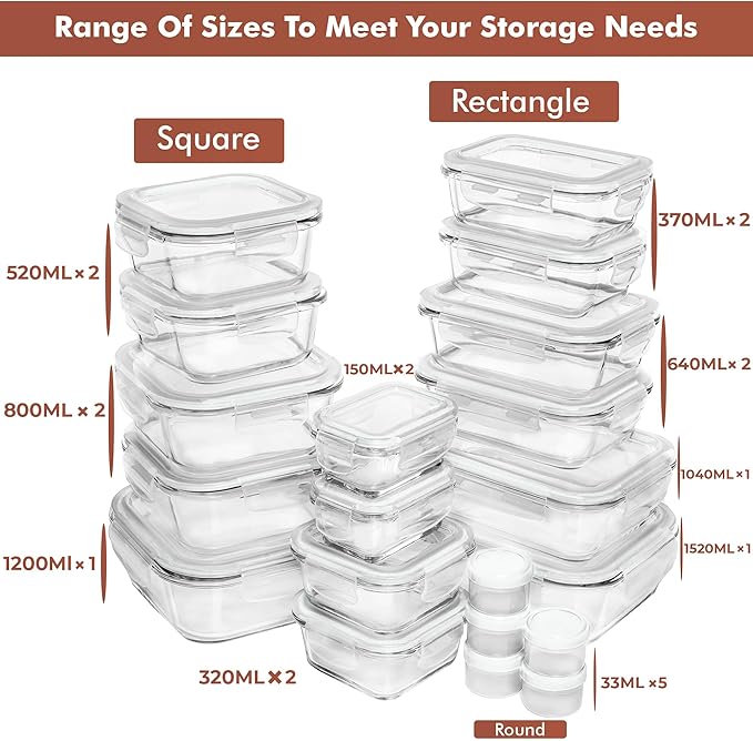 Razab 35 Pc Set Glass Food Storage Containers with Lids - Meal Prep Airtight Bento Boxes BPA-Free 100% Leak Proof (15 lids,15 glass & 5 Plastic Sauce/Dip Containers)