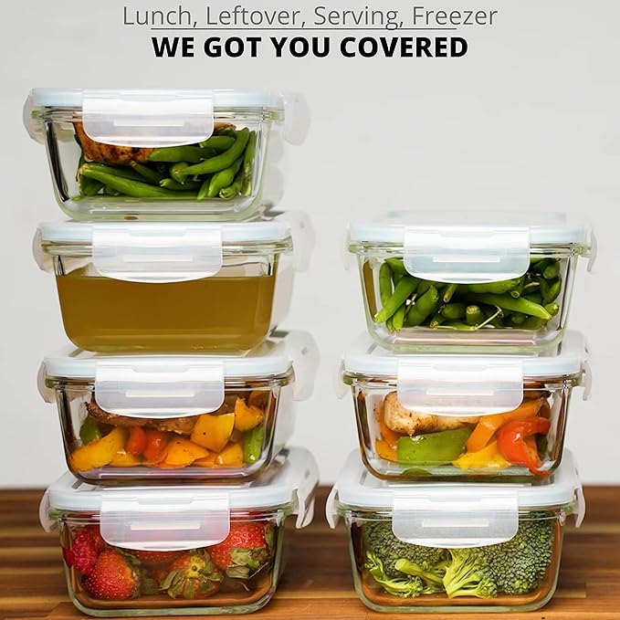 Razab 16 Pc (Set of 8) 30 Oz Glass Meal Prep Containers with Lids, Airtight Large Glass Food Storage Containers, Reusable Leak Proof BPA Free, Freezer to Oven and Dishwasher Safe
