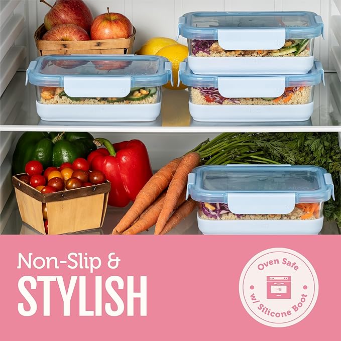 Ello Duraglass Refresh 3.4 Cup Meal Prep Sets 10Pc, 5 Pack Set- Glass Food Storage Container with Silicone Boot and Airtight BPA-Free Plastic Lids, Dishwasher, Microwave and Freezer Safe,Dusk Delight