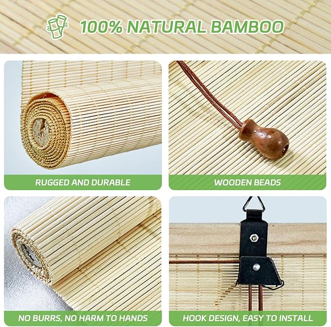 Bamboo Roll Up Shades for Windows 32Wx72L, Light Filtering Hanging Window Blinds - Image 3