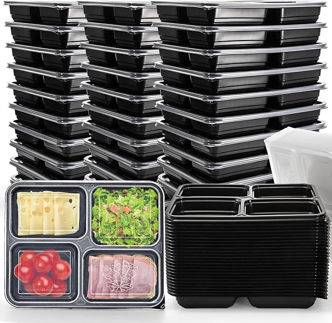 Noamus 50 Pack Meal Prep Containers, 34oz Leak-Proof Food Storage Box with Lid, Microwavable BPA Free Bento Lunch Plate, Stackable&Disposable Plastic To Go Takeout Pan for Freezer Safe, 4 Compartment