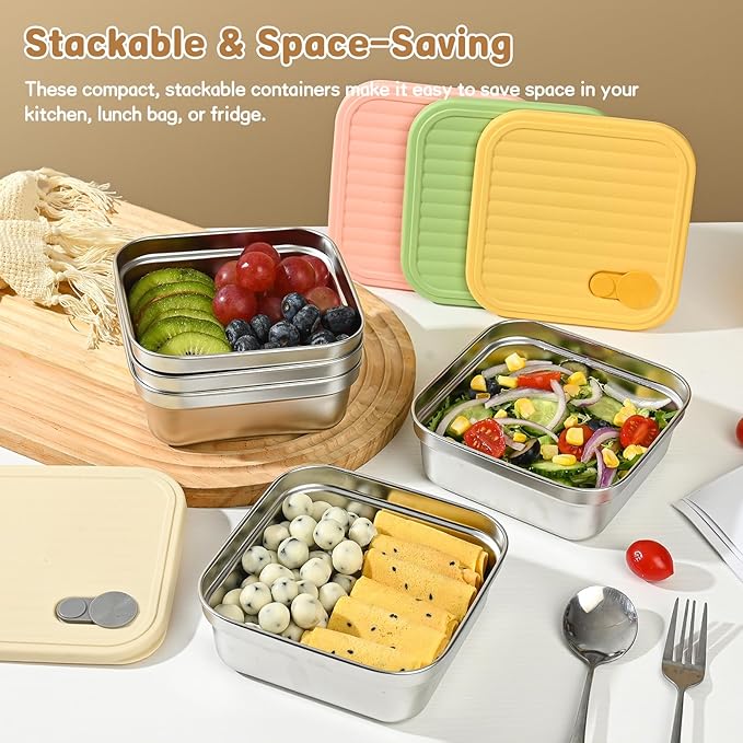 CLWVPCOT 4 Pack Sandwich Containers, 20oz Reusable Stainless Steel Food Storage Containers with Lids, BPA-Free, Dishwasher Safe, Meal Prep Lunch Box for Snacks & Fruits (White, Pink)