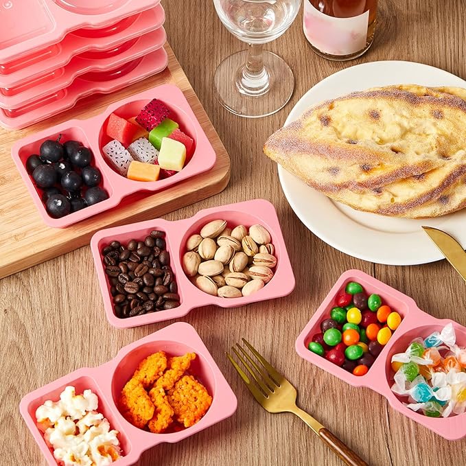 Blushtier 10 Pcs Pack Snack Containers with Lids, 5 oz Double Compartment Plastic Food Containers, Portable Divided Snack Cups for School, Office, Meal Prep, Sauces, Dips, On-the-go Camping (Pink)