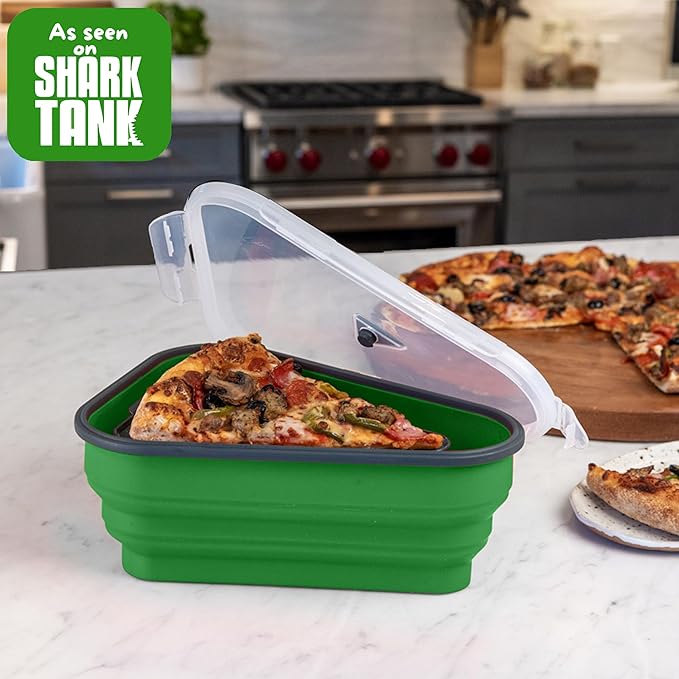 PIZZA PACK The Perfect Reusable Pizza Storage Container with 5 Microwavable Serving Trays - BPA-Free Adjustable Pizza Slice Container to Organize & Save Space, 3 Pack, Green
