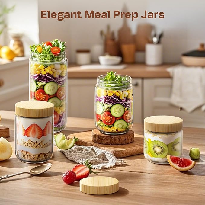 4 Pack 10oz Overnight Oats Containers with Bamboo Lids, Glass Jars with Airtight Lids for Meal Prep, Wide Mouth Mason Salad Jars, Glass Food Storage Container for Yogurt Chia Snacks Spice Sugar