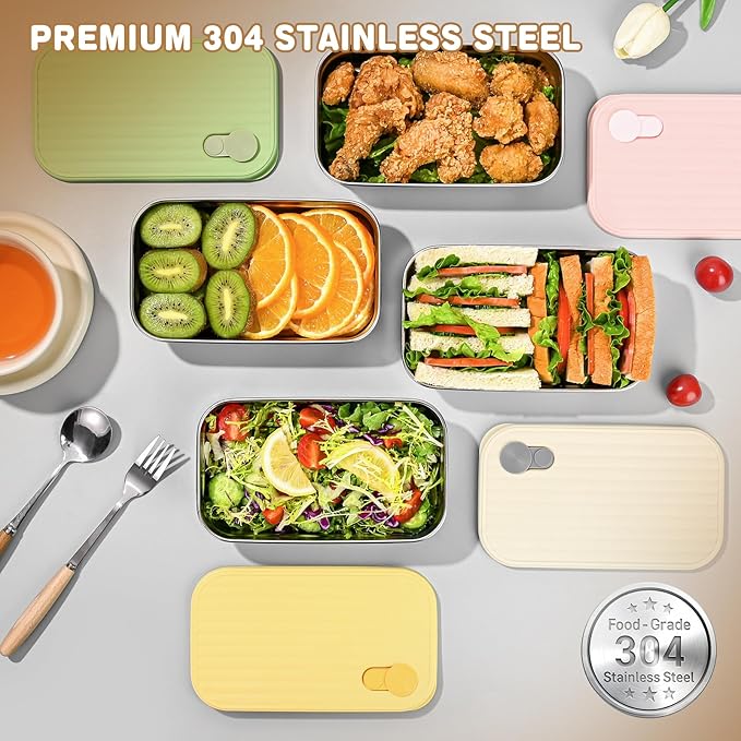 4 Pack Stainless Steel Snack Containers, 22oz Reusable Food Storage Containers with Lids, Metal Meal Prep Lunch Box, Dishwasher Safe, Snack Box Container for Trave & Outdoor Camping (White, Green)