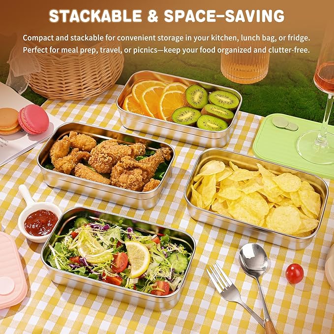 4 Pack Stainless Steel Snack Containers, 22oz Reusable Food Storage Containers with Lids, Metal Meal Prep Lunch Box, Dishwasher Safe, Snack Box Container for Trave & Outdoor Camping (White, Green)