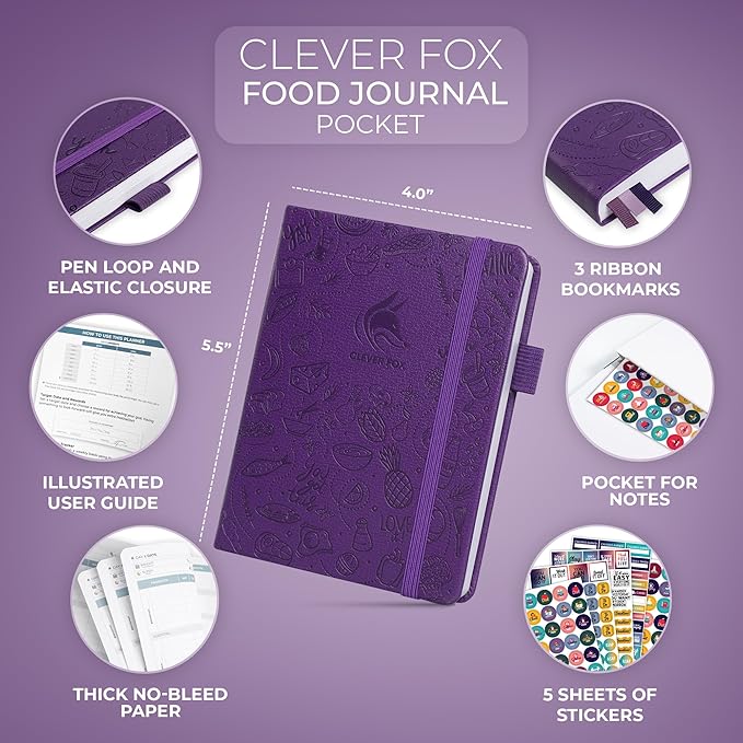 Clever Fox Food Journal Pocket - Daily Food Diary, Meal Planner to Track Calories & Nutrients, Weight Loss Tracker Notebook, 4x5.5” (Purple)