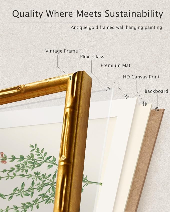 InSimSea Gold Bamboo Framed Canvas Wall Art, Neutral Floral Botanical Paintings - Image 8