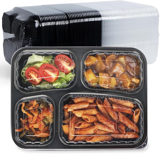 Meal Prep Container Reusable 40 Pack 34oz - Shrink Wrap Leakproof | Portion Control Leftover Plastic Food Containers with Lid | BPA Free Freezer & Microwave Safe | 4 Compartment Takeout Boxes