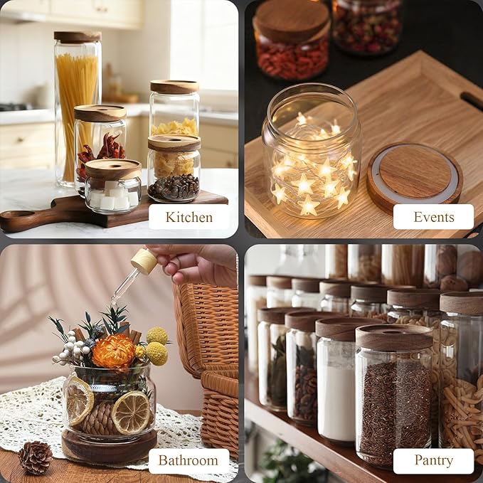 Glass Jars with Airtight Wood Lids - Small Large Kitchen Pantry Storage Containers, Canisters for Spaghetti, Noodles, Pasta, Ground Coffee, Sugar, Cereal, Spice, Salt, Salad, Matcha, Set of 5
