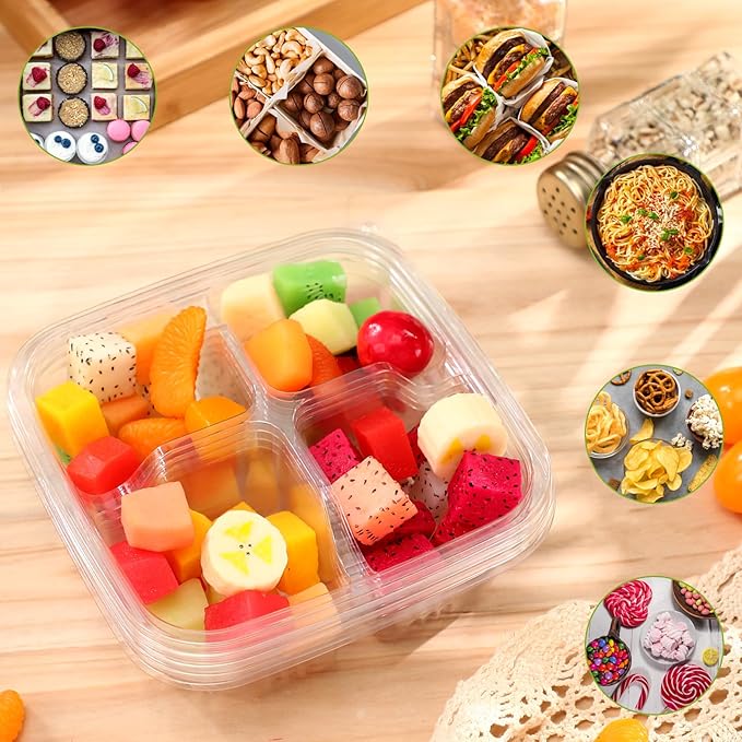 100 Pack 4-compartment Bento Snack Boxes with Lids Divided Lunch Containers for Travel School Camping Outdoor Home (Clear)