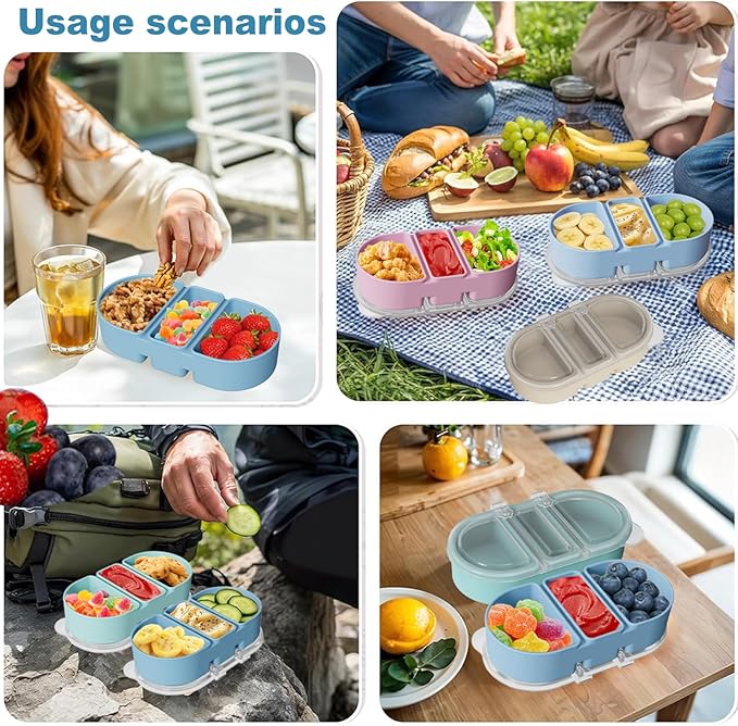 Silicone Snack Containers 3 Compartments Reusable Snackle Box with Lids Pack Portable Food Storage for Picnic Lunch Office Gym School BPA-Free & Dishwasher Safe (Pink/Blue/Green)