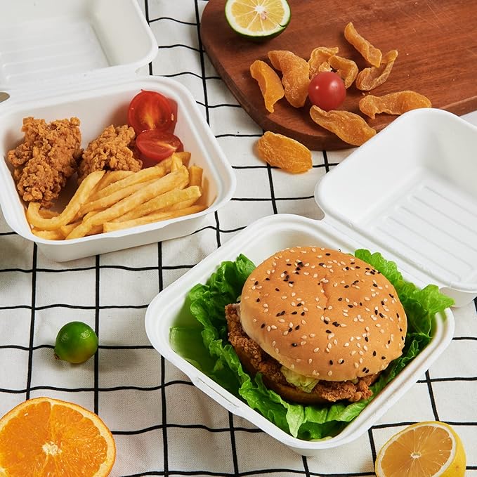 ECOLipak 200 Pack Clamshell Take Out Food Containers, 100% Compostable Disposable To Go Containers，6 * 6 inch To Go Boxes for Salad, Cake,Sandwiches
