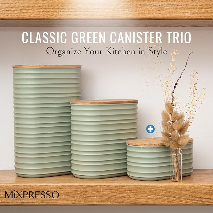 Mixpresso Olive Green Canisters Sets for the Kitchen – 3-Piece Airtight Plastic Sugar Container Set with Bamboo Lids in Three Different Sizes – Decorative Modern Storage Jars for Coffee &Tea
