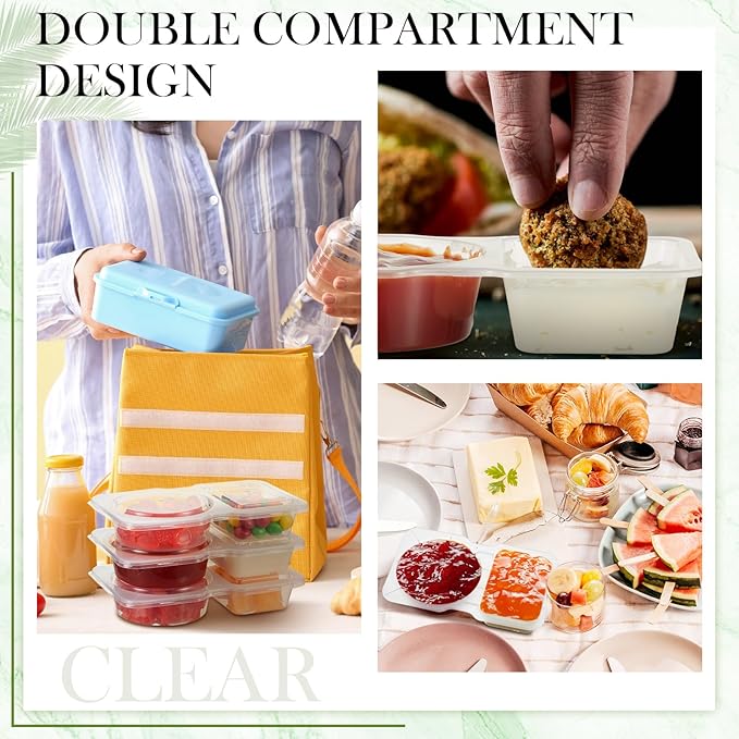 Blushtier 100 Pcs Pack Snack Containers with Lids, 5 oz Double Compartment Plastic Food Containers, Portable Divided Snack Cups for School, Office, Meal Prep, Sauces, Dips, On-the-go Camping (Clear)