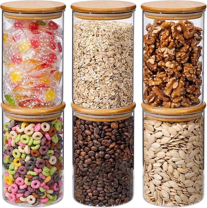 32oz 6PCS Round Airtight Glass Food Storage Jars, Clear Glass Food Storage Container with Bamboo Lid, Stackable Spice Jar, Kitchen Canister for Sugar, Tea, Coffee bean, Pasta, Oat, Spice