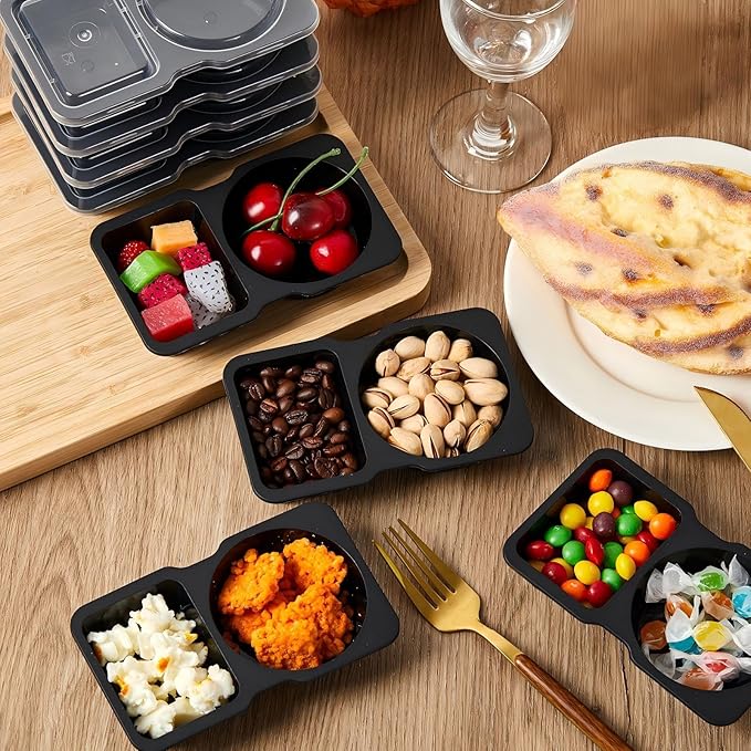 Blushtier 10 Pcs Pack Snack Containers with Lids, 5 oz Double Compartment Plastic Food Containers, Portable Divided Snack Cups for School, Office, Meal Prep, Sauces, Dips, On-the-go Camping (Black)